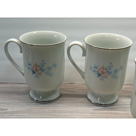 Blue Morn Floral Coffee Mugs Lot of 5 Footed Tea Cups Fanci Florals Japan - Picture 8 of 10
